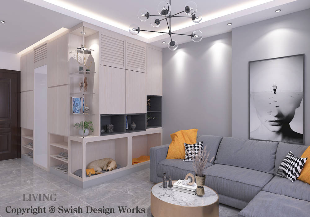 Living Room Swish Design Works Modern living room Plywood living, display cabinet, sofa, covelight, L-box, pendant light, downlight, coffee table, bto, homogeneous tiles
