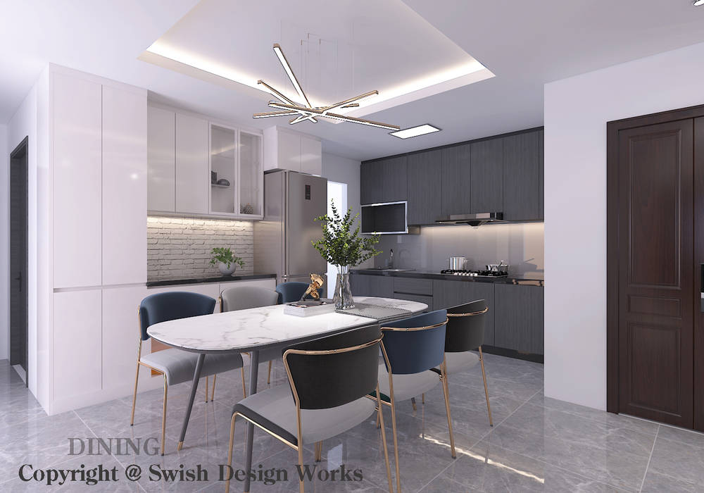 Dining Area and Kitchen Swish Design Works Modern kitchen Plywood dining, kitchen, cabinets, table, quartz, covelight, homogeneous, tiles, pendant light, bto