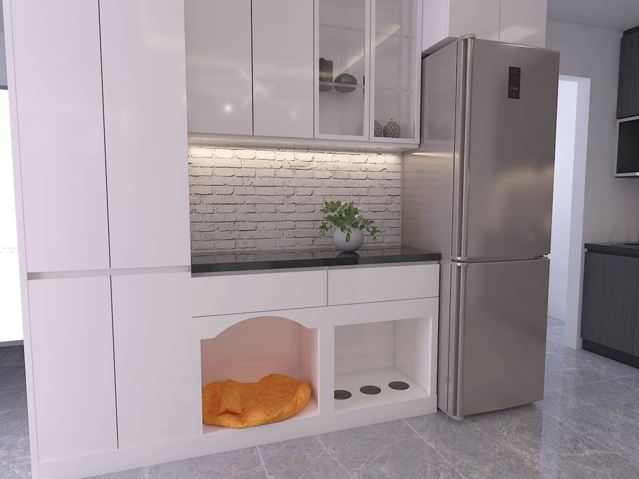 Dry Pantry With Pet Area Swish Design Works Built-in kitchens Plywood dry pantry, pet, dog, rest, shelter, cabinet, quartz, brick, covelight, bto