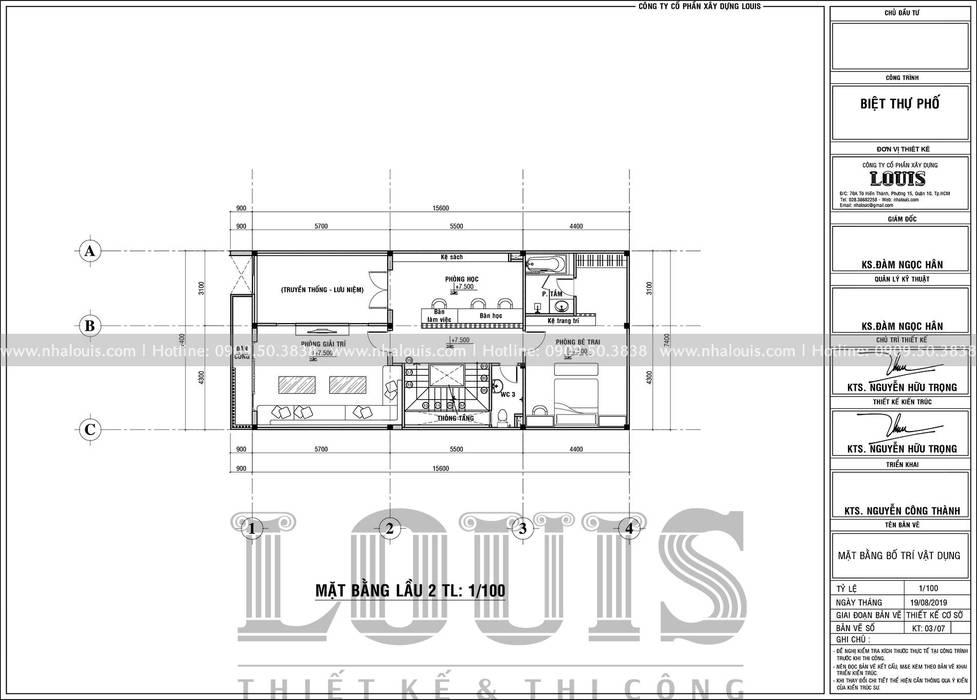 Phương án bố trí mặt bằng công năng biệt thự phố hiện đại mặt tiền 7m lầu 2 Công Ty Thiết Kế Xây Dựng LOUIS