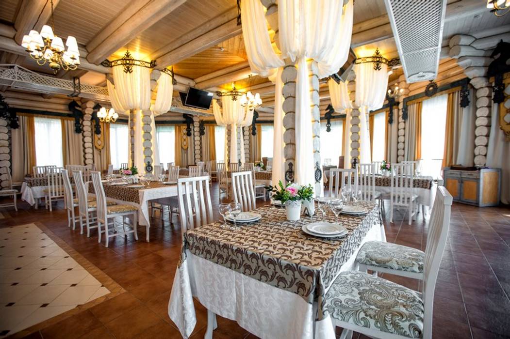 РЕСТОРАН В ЗАГОРОДНОМ КЛУБЕ, STUDIO DESIGN КРАСНЫЙ НОСОРОГ STUDIO DESIGN КРАСНЫЙ НОСОРОГ Espacios comerciales Restaurantes