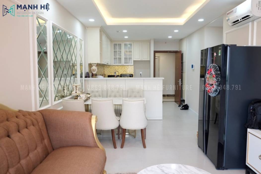 THI CÔNG HOÀN THIỆN NỘI THẤT CHUNG CƯ THE GOLDVIEW 70M2 PHONG CÁCH TÂN CỔ ĐIỂN – CHỊ NGỌC, QUẬN 4, Công ty Cổ Phần Nội Thất Mạnh Hệ Công ty Cổ Phần Nội Thất Mạnh Hệ Ruang Makan Klasik Kayu Wood effect