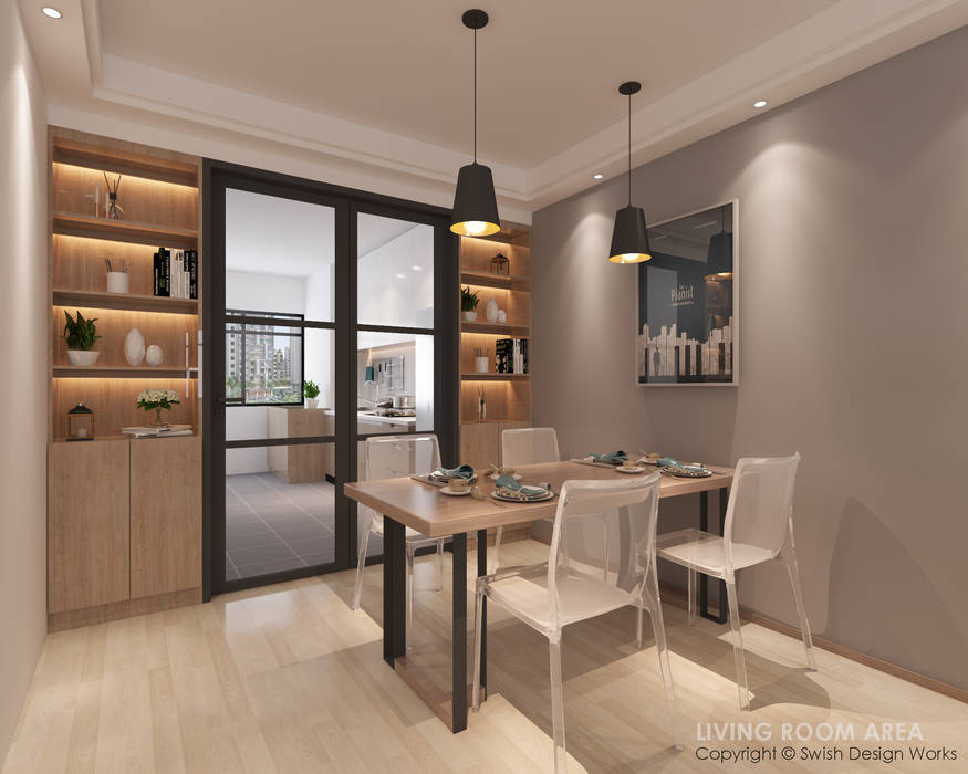Dining Area Swish Design Works Modern dining room Plywood dining, table, chair, pendant light, display, shelves, covelight, sliding glass, partition, tiles