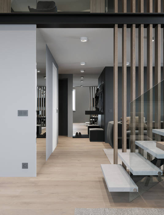 Двухуровневая квартира в Тольятти, EJ Studio EJ Studio Minimalist corridor, hallway & stairs Concrete Grey