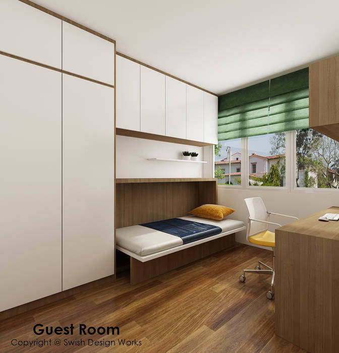 Guest Room Swish Design Works Small bedroom Plywood Guest room, murphy bed, flip up bed, hidden bed, study, table, vinyl, woodgrain, blinds