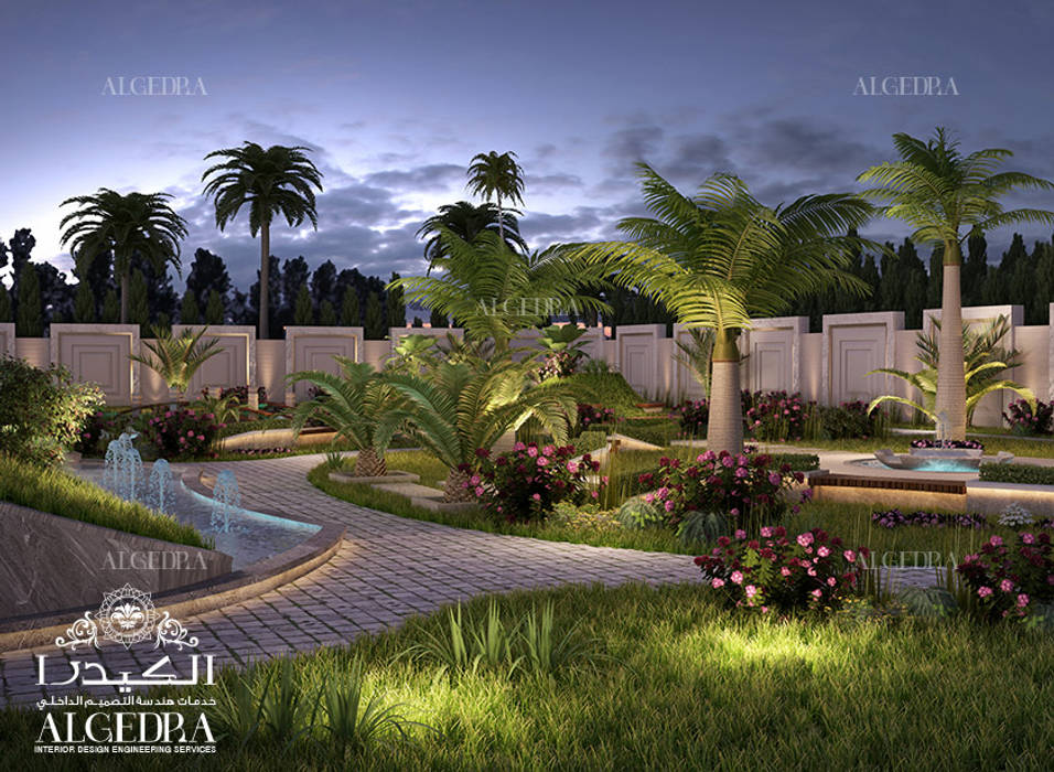 تصميم مناظر طبيعية لحديقة فيلا فاخرة Algedra Interior Design فناء أمامي