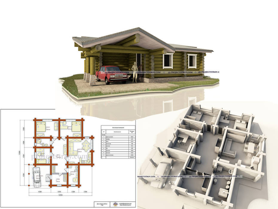 Дом в один этаж из бревна, Projectstroy Projectstroy Dom z drewna Drewno O efekcie drewna