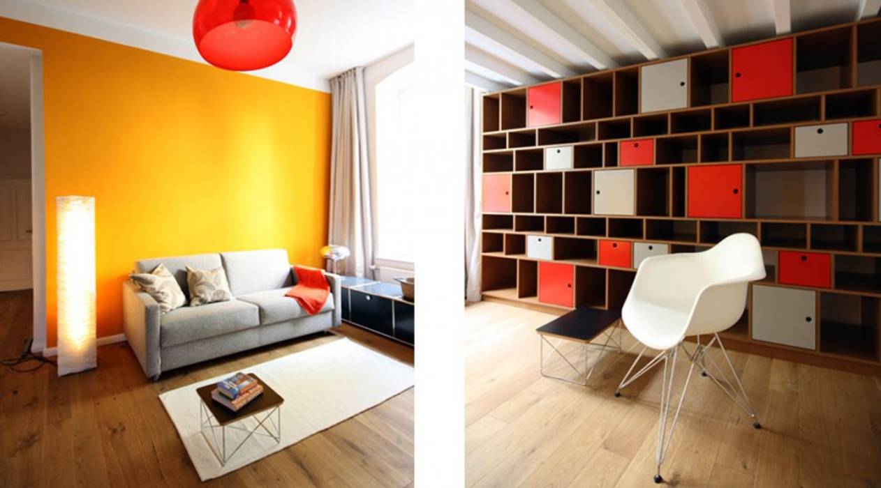 Wohnen mit Farbe - Regal unter Hochbett, raumdeuter GbR Berlin raumdeuter GbR Berlin Eclectic style living room Wood Wood effect