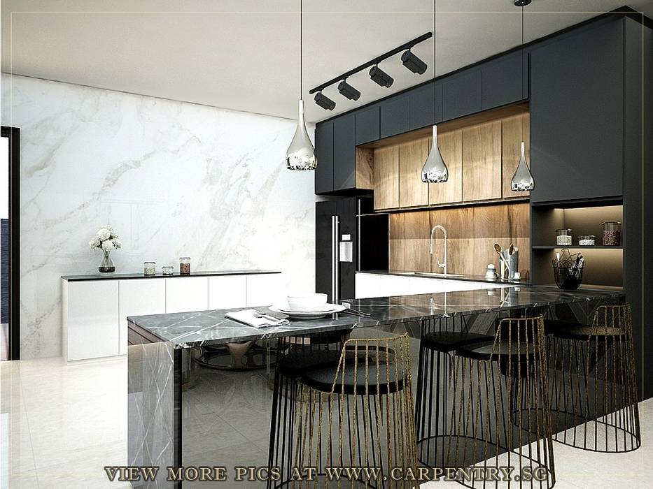 Stunning Monochromatic Accomodations At Corporation Rise Singapore Carpentry Interior Design Pte Ltd Modern kitchen Marble marble kitchen modern minimalist modern contemporary bar