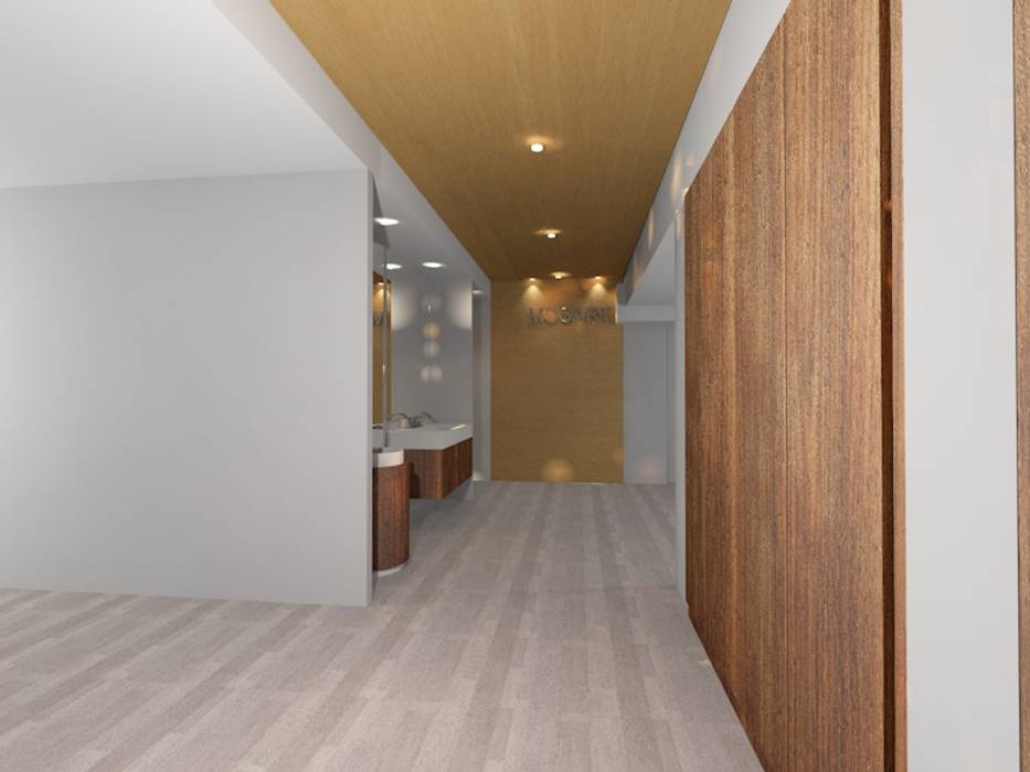 Projeto 3D para showroom de cozinhas, 7eva design - Arquitectura e Interiores 7eva design - Arquitectura e Interiores Modern corridor, hallway & stairs