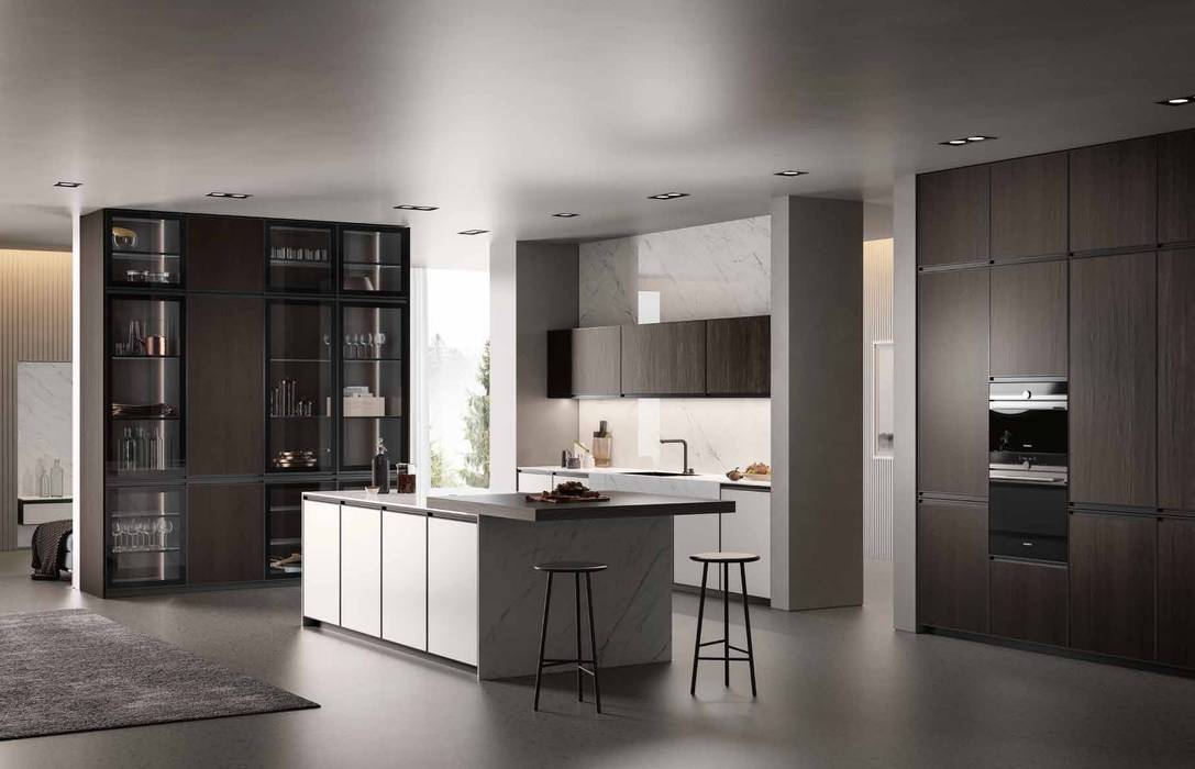 Zona giorno, cucina e living moderno con ante a telaio in alluminio titanio, Meka Arredamenti Meka Arredamenti Dapur built in