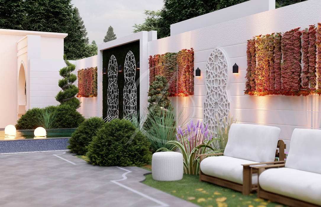 homify Jardines delanteros modern villa, arabic villa, modern exterior, white exterior, horseshoe, water fountain, front garden, front yard, outdoor seating