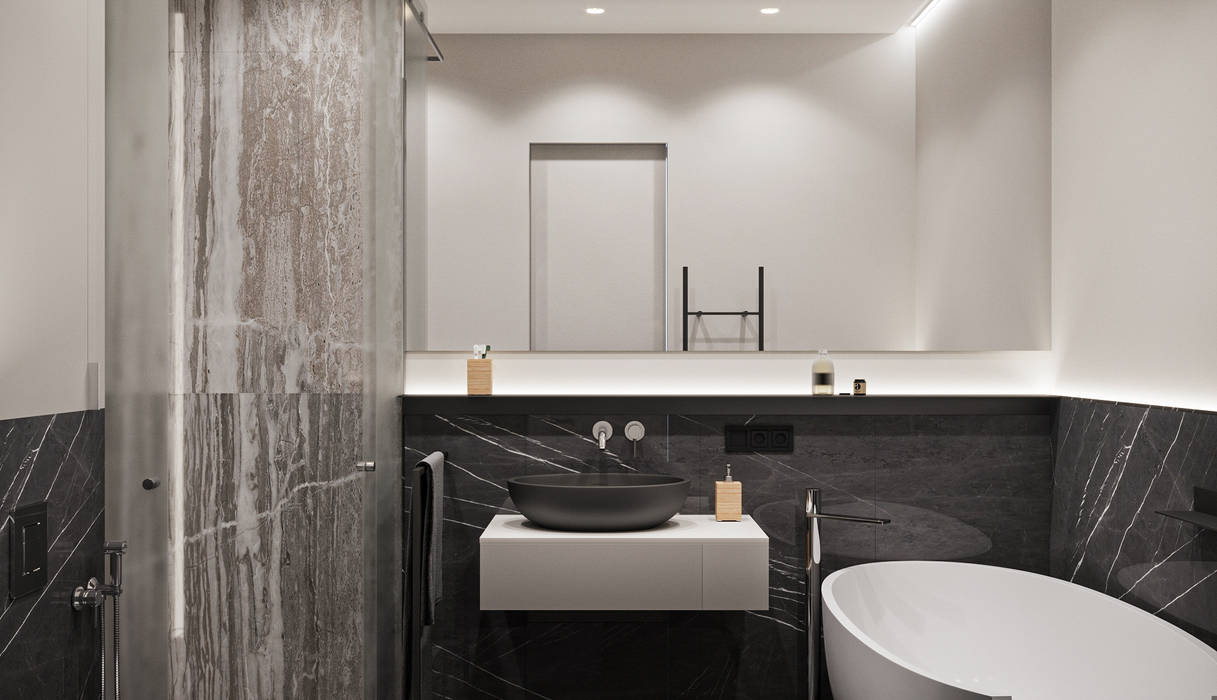 Мінімалістична вана кімната Space Odyssey architects Ванна кімната Мармур мінімалістичний дизайн інтер'єру ванної кімнати