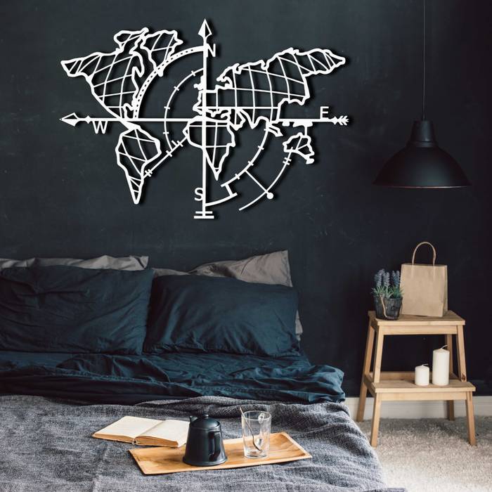 World Map Compass White BYSTAG İç bahçe Metal World map, Metal World Map, Wall Art, Metal Wall Art, Duvar Dekoru, Metal Duvar Aksesuarı, ,İç Dekorasyon