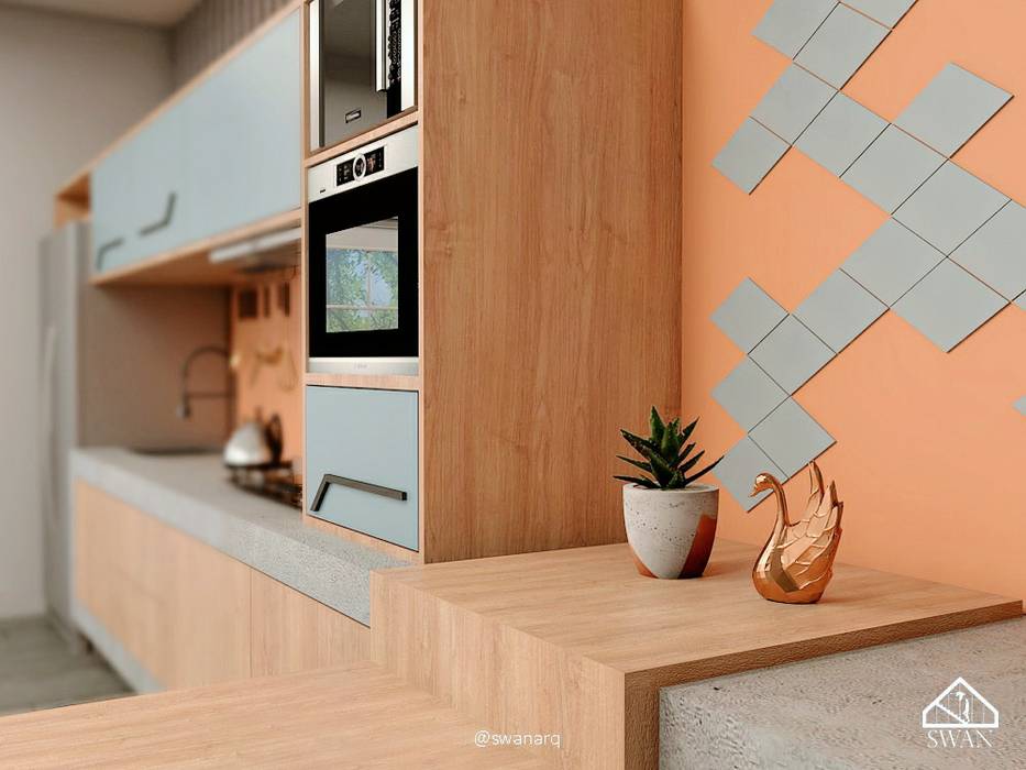 Cozinha Cantaloupe Swan Arquitetura Armários e bancadas de cozinha Concreto cozinha laranja azulejo azul armarios madeira decor vaso concreto