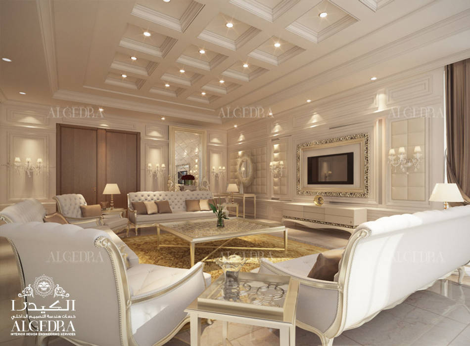 غرفة معيشة أنيقة مشرقة في فيلا فاخرة في أبو ظبي Algedra Interior Design غرفة المعيشة
