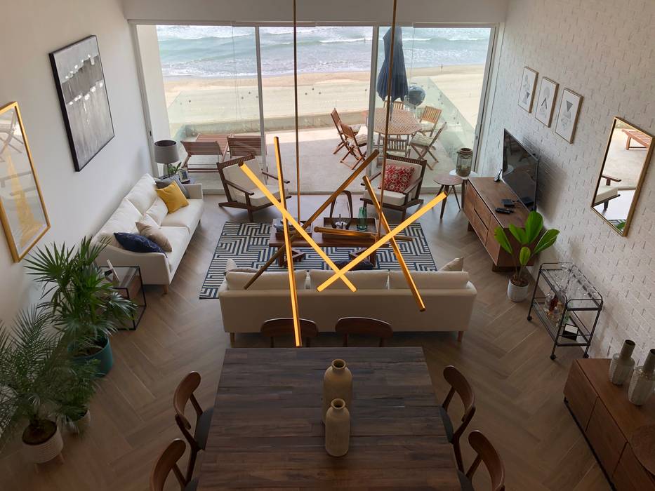 View from extra bedroom DE LEON PRO Modern Dining Room double height, living room, beach, penthouse, lamp, pendant lamp, interior design, architecture, remodel, decor