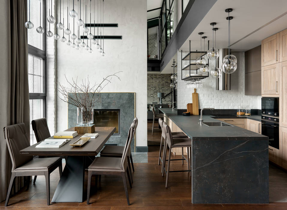 Столовая и кухонная зона Rubleva Design Столовая комната в стиле лофт