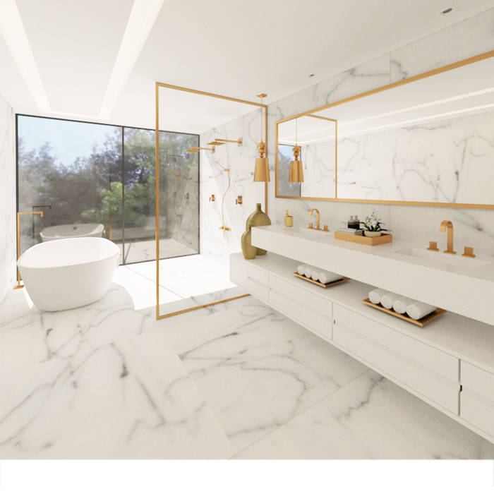 WC SPA Haus. arquitetos associados Banheiros modernos WC banheiro spa luxo dourado porcelanato carrara