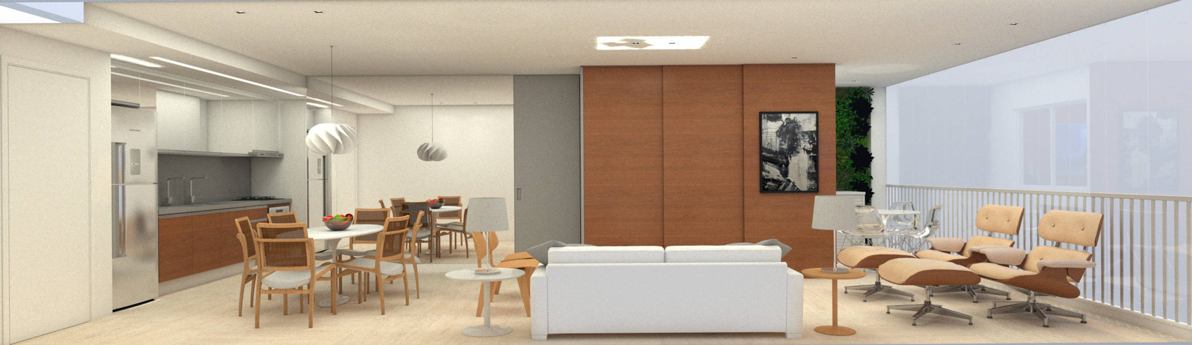 sala estar, jantar e cozinha, com portas painéis fechadas criando o quarto de hospedes Salas de estar modernas por Viviane Cunha Arquitetura Moderno