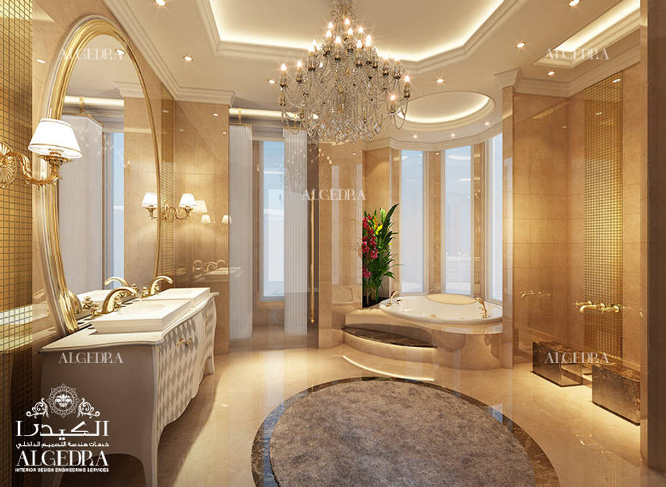 تصميم حمام أنيق في فيلا على الطراز الكلاسيكي Algedra Interior Design حمام تصميم الحمام ، والحمام الحديث ، وتصميم فيلا فاخرة ، والحمام في فيلا حديثة ،