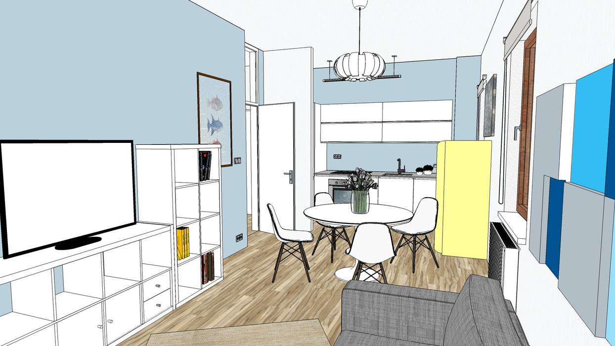 Ristrutturazione casa al mare: studio 3D di cucina moderna bianca con frigo giallo Arch. Sara Pizzo – Studio 1881 ristrutturazione casa al mare, studio 3D, frigorifero libera installazione, cucina moderna bianca, listoni effetto legno