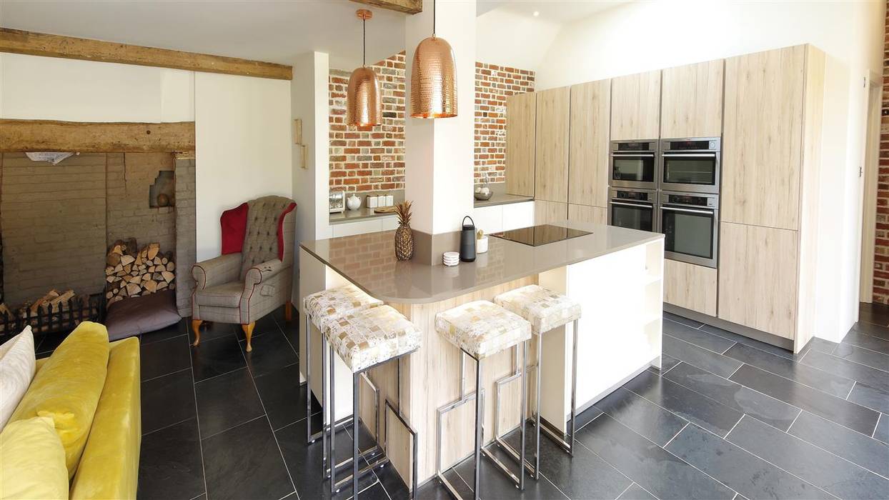 Breakfast bar in barn conversation - Brick wall feature PTC Kitchens Modern Kitchen Rustic kitchen, Quooker Fusion Tap, AEG Appliances, Quooker, Home improvement, Kitchen, Bi-fold doors