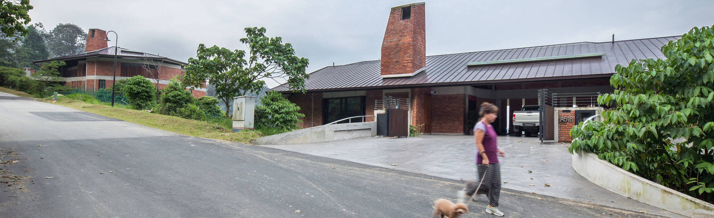 Front entry facade MJ Kanny Architect Roof wind chimney, brick facade, metal roof