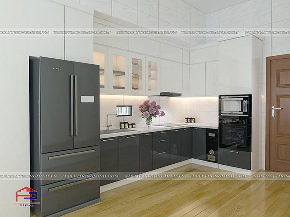 Ảnh thiết kế 3D mẫu nhà bếp đẹp chữ L kịch trần Nội thất Hpro Nhà bếp phong cách hiện đại Gỗ Wood effect nhà bếp đẹp, mẫu nhà bếp đẹp, mẫu nhà bếp nhỏ đẹp, tủ bếp acrylic,