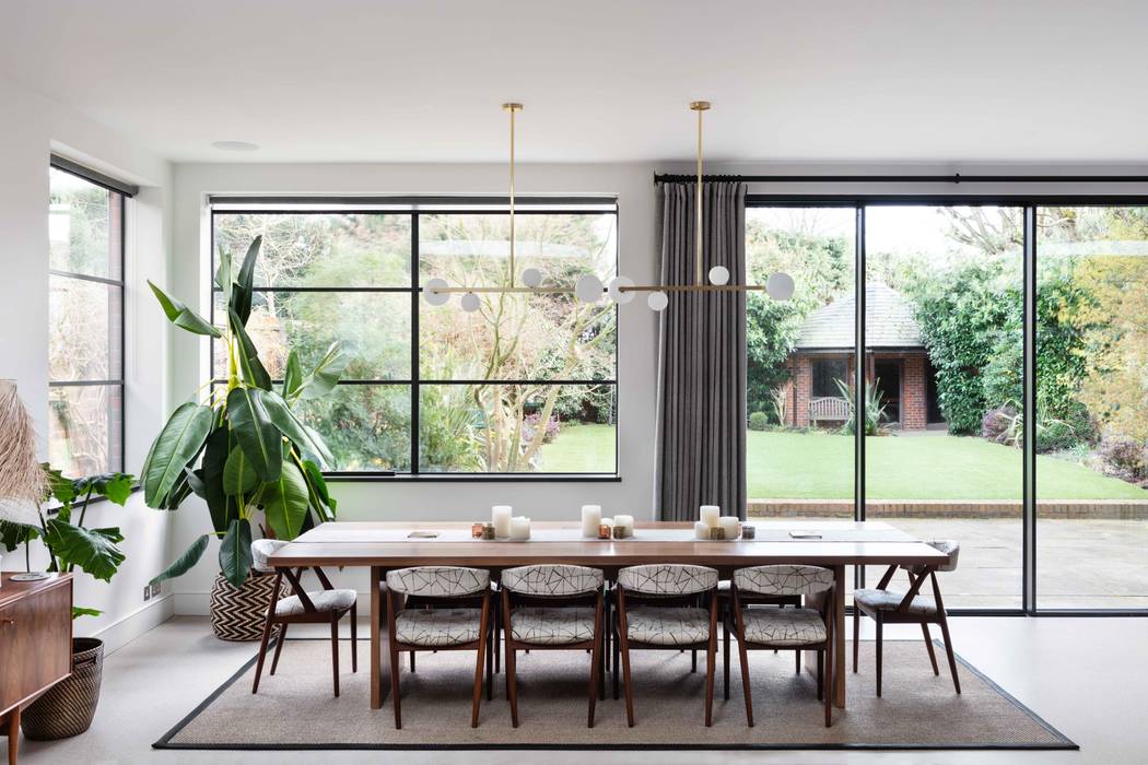 London Family Home Shanade McAllister-Fisher Interior Design Modern dining room dining table, dining chairs, dining curtains, dining room rugs,