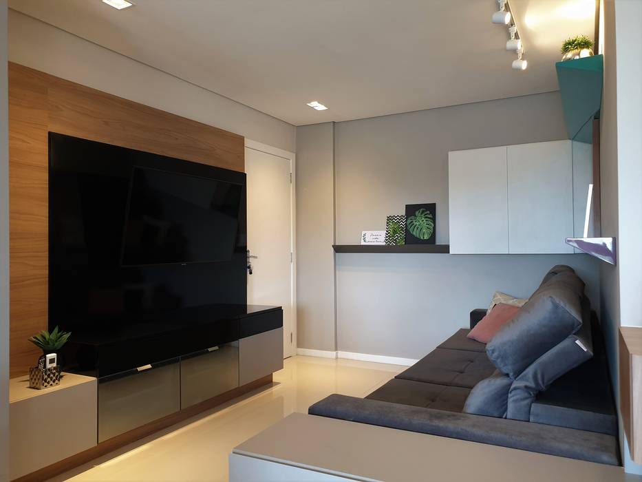 Apartamento em Joinville, Larissa Minatti Interiores Larissa Minatti Interiores Salas de estar modernas móvel cinza, equadro, sofá, praleieras laca brilho, trilho, trilho iluminação