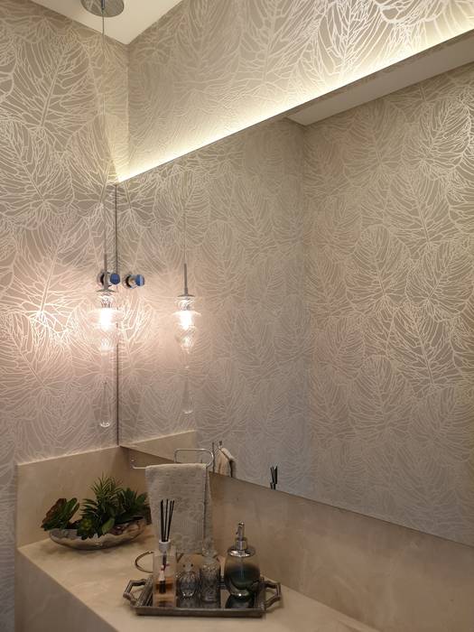 Lavabo Larissa Minatti Interiores Banheiros modernos papel de parede, pendente, cuba esculpida, mármore, mármore crema marfil, espelho, fita de led