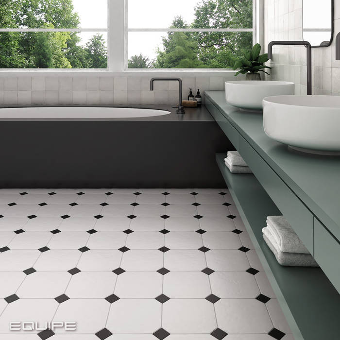 Octagon Mármol Negro, Blanco 20x20 cm Equipe Ceramicas Baños de estilo clásico Azulejos