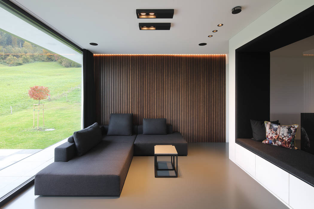 Haus in Langen bei Bregenz RADON PHOTOGRAPHY Moderne Wohnzimmer Sofa, Beleuchtung, Sitzmöbel