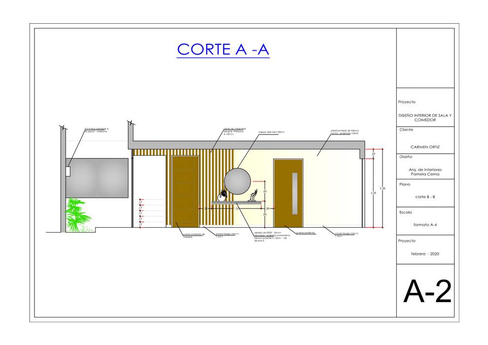 Plano de Corte y Elevación Pamela Cerna Interiores plano de corte y elevación de sala comedor