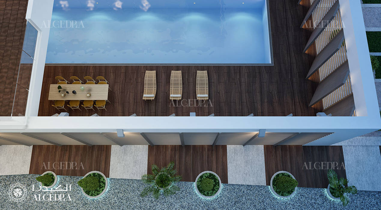 Pool deck design in modern villa Algedra Interior Design Modern balcony, veranda & terrace