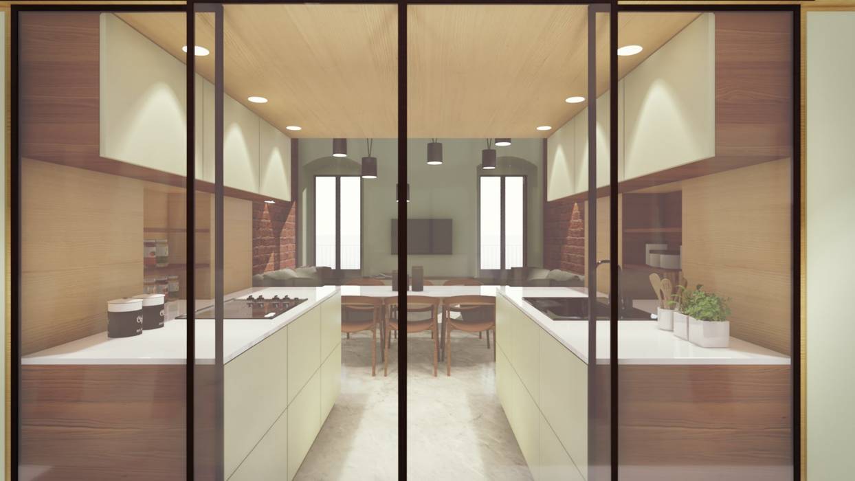 Cucina e living STUDIO ARCHITETTURA SPINONI ROBERTO Cucina moderna ingresso con cucina, ottimizzazione spazi, pareti scorrevoli