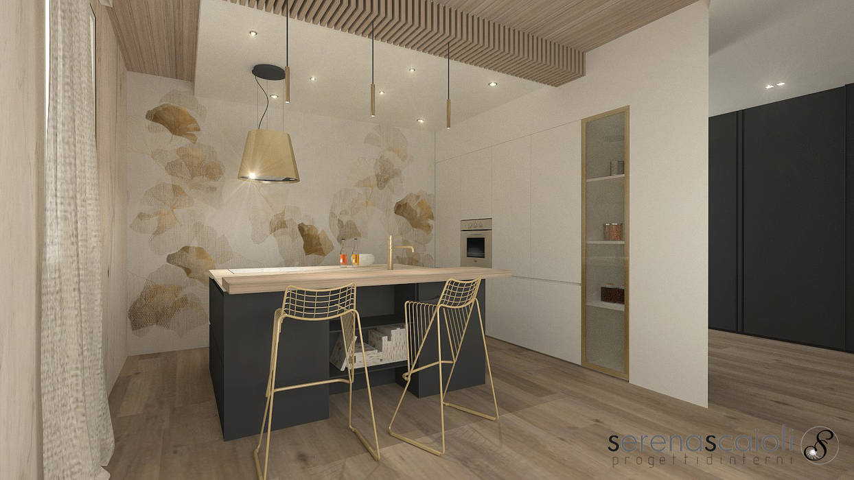 Render del progetto cucina serenascaioli_progettidinterni Cucina moderna cucina, progettare la cucina, render, rendering, interior design, cucina contemporanea, legno, marmo, carta da parati, progetto render