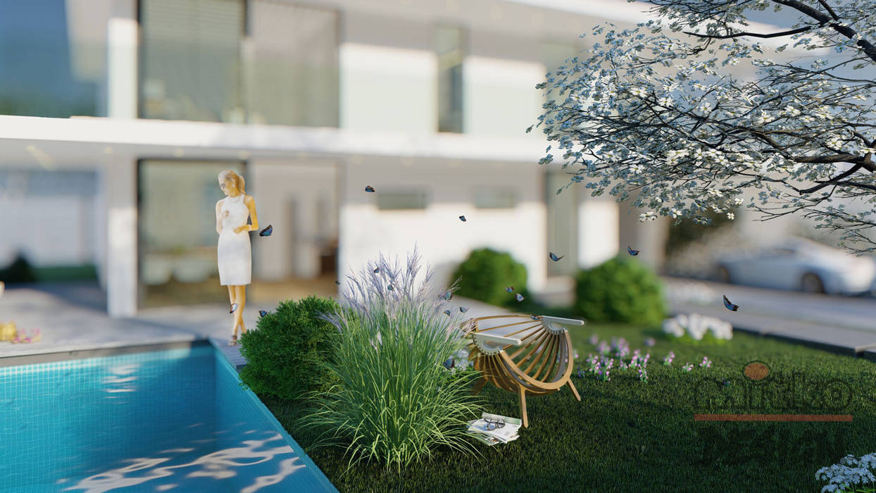 Projekt und Visualisierung von "Villa 1" - Innenarchitektur, MITKO DESIGN MITKO DESIGN Jardines en la fachada
