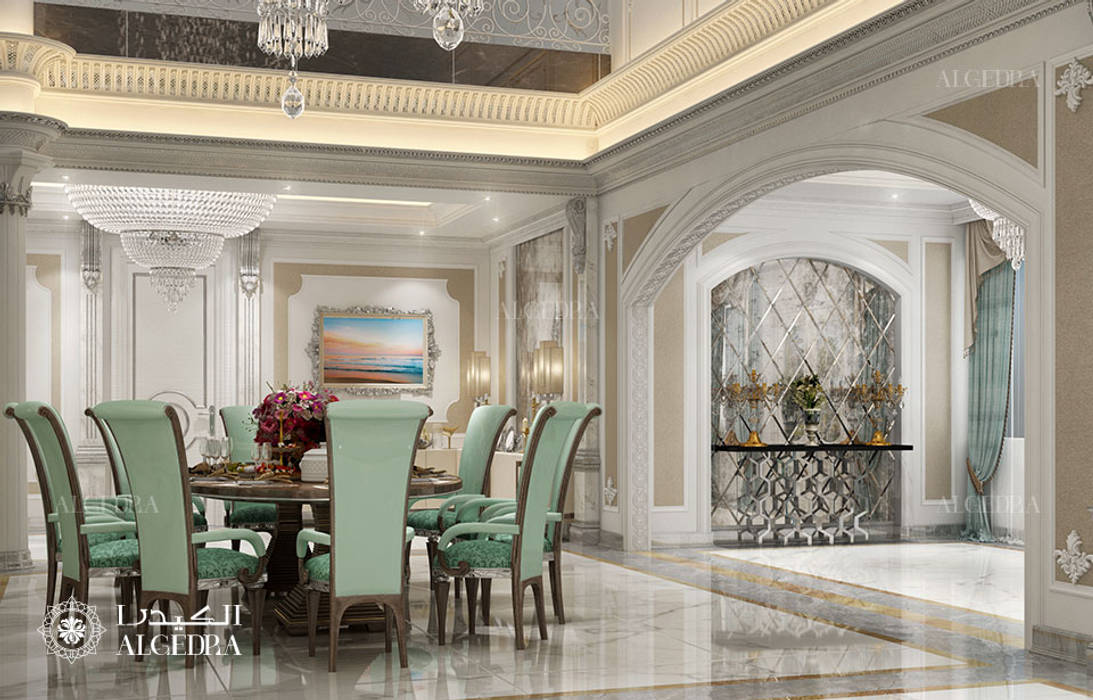 منطقة تناول الطعام في فيلا فخمة على الطراز الكلاسيكي Algedra Interior Design غرفة السفرة
