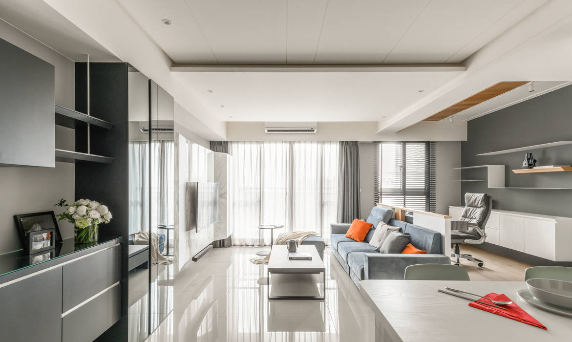 Taichung T-House, ZOOM Design ZOOM Design 现代客厅設計點子、靈感 & 圖片 大理石 桌子,橱柜,室内设计,建筑学,建造,地面,长椅,公寓,灰色的,地板