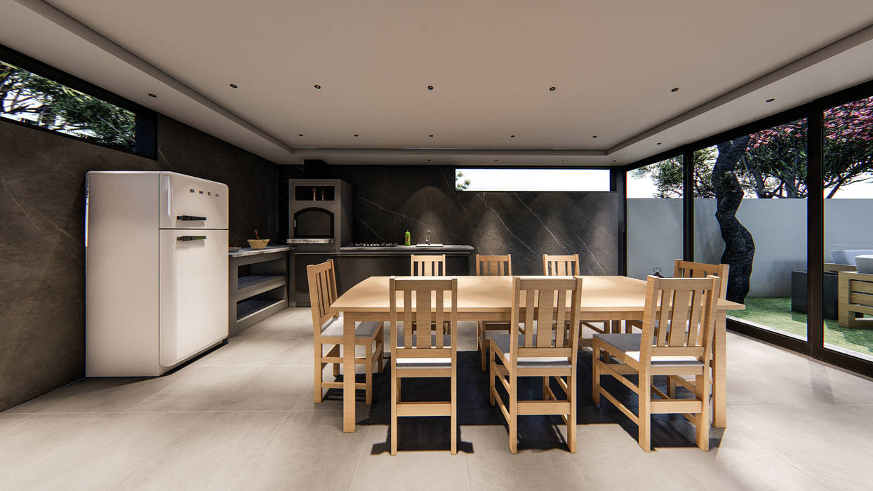 Arranjo dos espaços exteriores e design de estrutura para Habitação Unifamiliar, 88 Design & Paisagismo 88 Design & Paisagismo Salas de jantar minimalistas