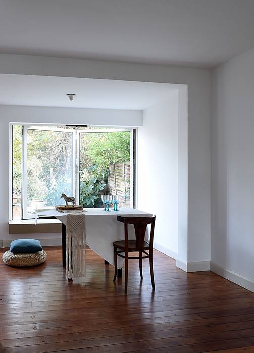 Dining MAGRITS Modern dining room rear extension, family house, architect, London, extension, space, light, kitchen, dining, colour, refurbishment, interior design, bifolding, window, garden