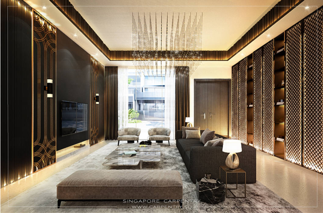 Gold Accented Luxury with Cove Lighting Singapore Carpentry Interior Design Pte Ltd Living room Wood Wood effect