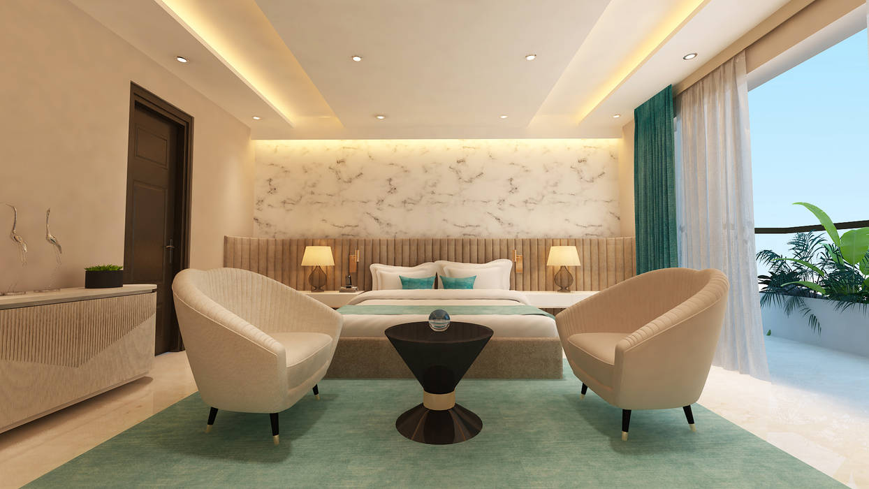 Luxury Bedroom HC Designs Small bedroom Marble Luxury Bedroom, Modern , Minimalist , Turquoise, beige color theme, Marble on wall
