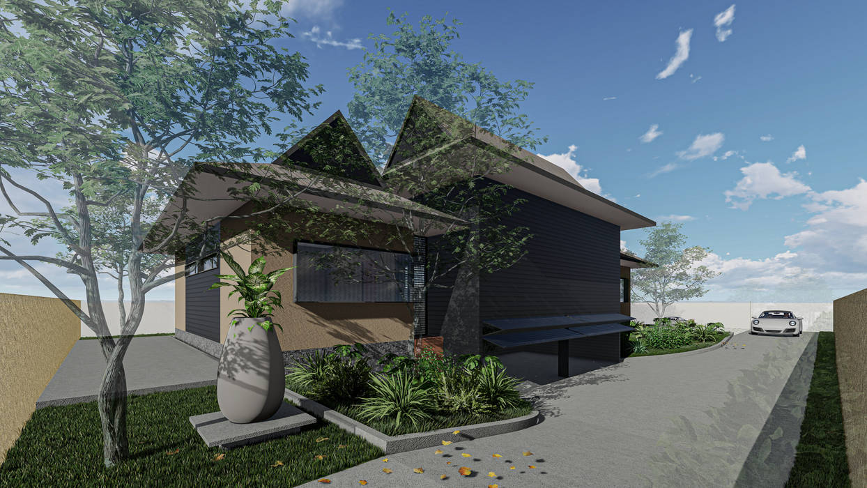 Double-Entrances Driveway connect to Sub-Basement Carpark Vision Design - Sarawak Tropical style balcony, porch & terrace Concrete