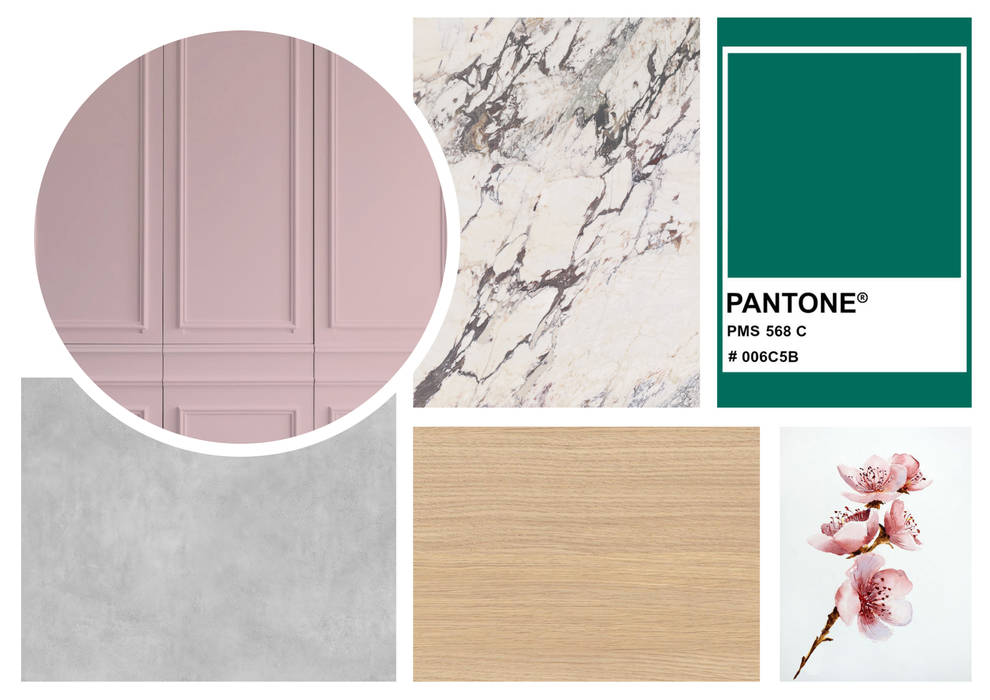 Moodboard viemme61 moodboard, palette, colori, texture, finiture, marmo, boiserie, rosa, legno, cemento, concrete, progettazione ristrutturazione, arredamento, fiori