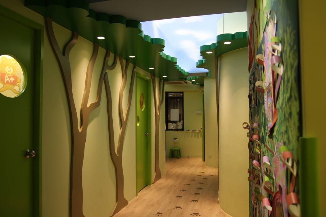 a forest corridor Liger Design Studio Hospitals Cork Green Tress, Sky ceiling