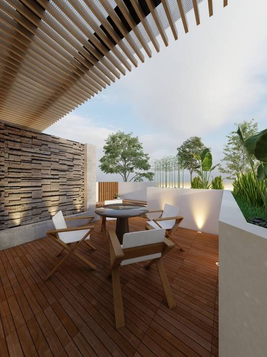 Imagen previa de Render Terraza con pergolado de madera y muro lloron de fachaleta de piedra volcanica MSG Architecture SA DE CV Balcones y terrazas minimalistas Concreto