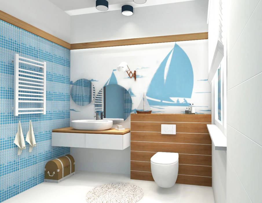 Eine badezimmer für einen kleinen jungen, der das meer und schiffe